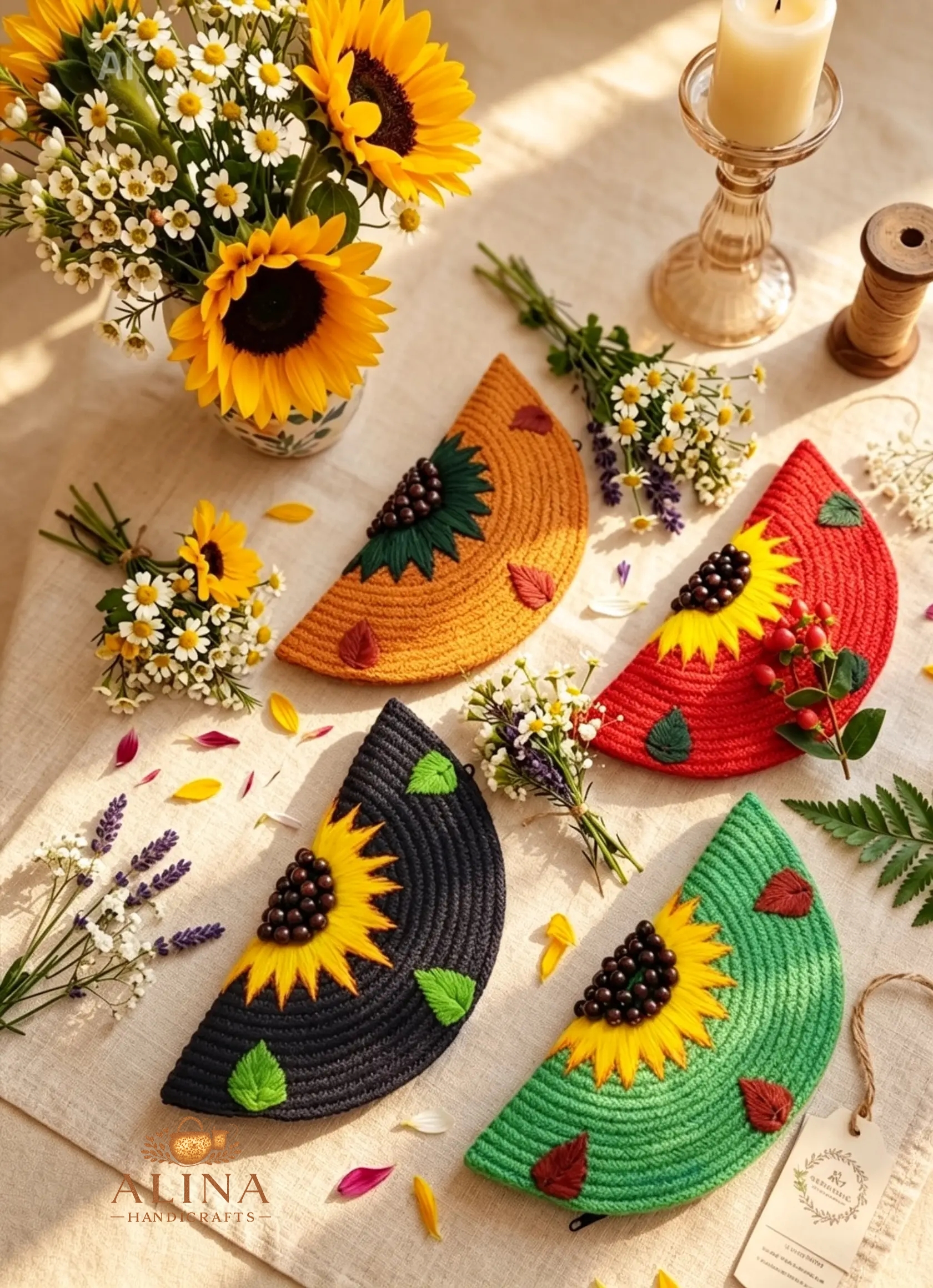 Handmade Floral Half Moon Clutch Bag