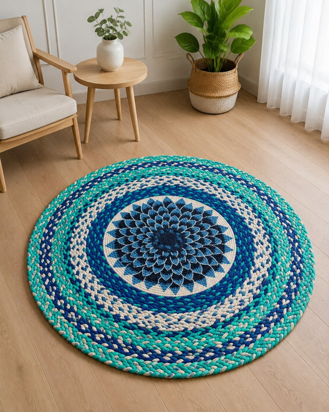 Premium Handmade Round Jute Rug | Blue Mandala Braided Rug | 100% Eco-Friendly Natural Floor Carpet (6 feet )